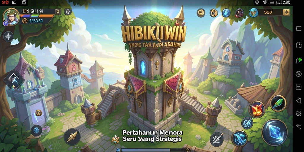 Tampilan gameplay HIBIKIWIN dengan menara yang strategis dan musuh yang datang.