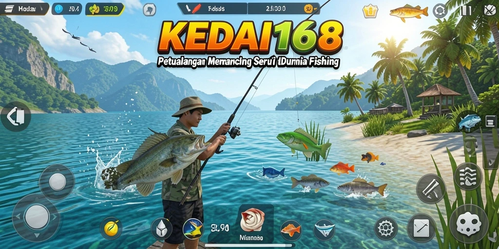 Screenshot KEDAI168 menunjukkan gamer asyik memancing di lokasi indah.