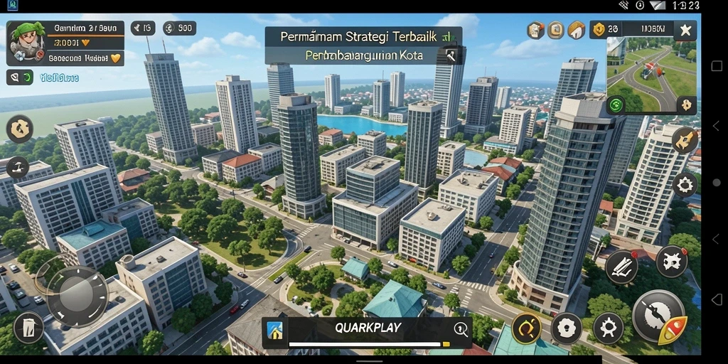 Tampilan gameplay menarik QUARKPLAY dengan pembangunan kota yang dinamis.