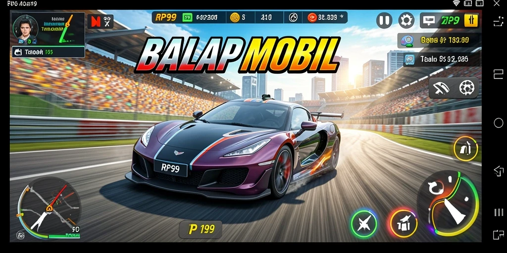 Gameplay RP99 menampilkan balapan mobil yang cepat dan mendebarkan.