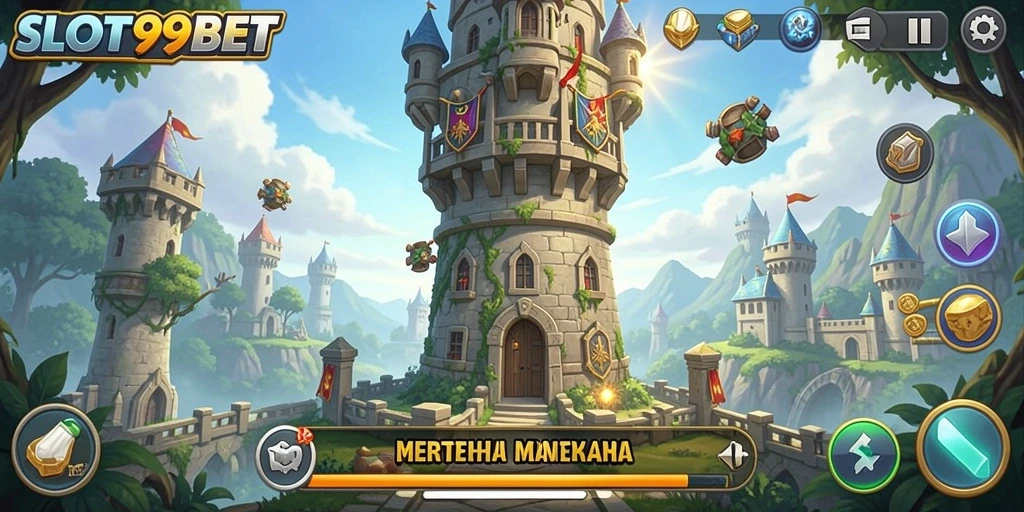Screenshot dari gameplay SLOT99BET yang menampilkan strategi Tower Defense.